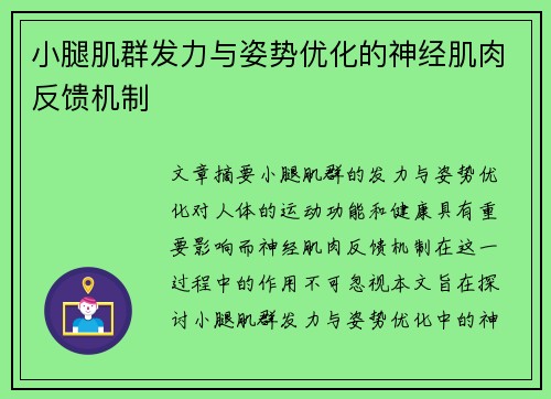 小腿肌群发力与姿势优化的神经肌肉反馈机制